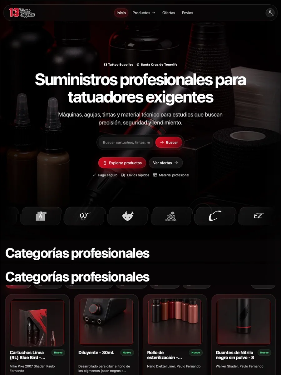 13 Tattoo Supplies dark e-commerce UX and product catalog website
